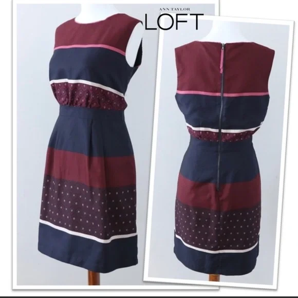 LOFT Sleeveless, Beautiful, A-Line Dress, Navy & Burgundy Design - Picture 1 of 6